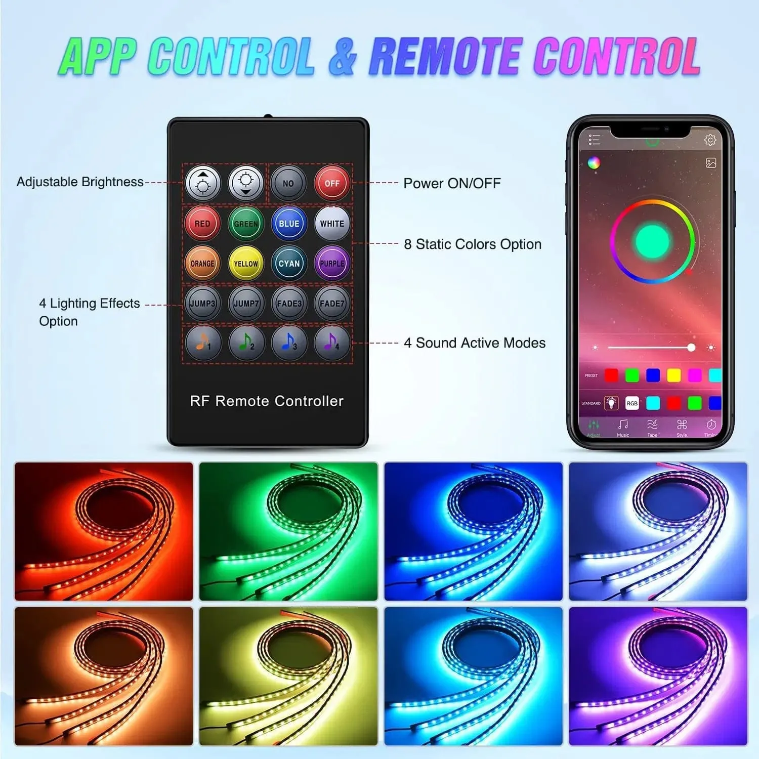 256Leds RGB Underglow Neon APP Remote Control Led Strip Light 4PCS