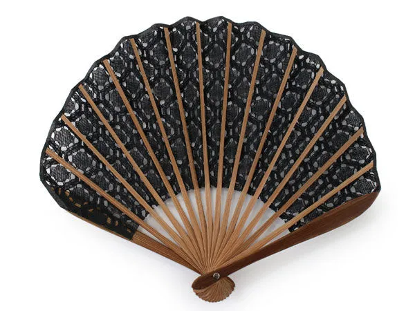 Japanese Sensu Foldable fan with a Fan bag / Black, Lace