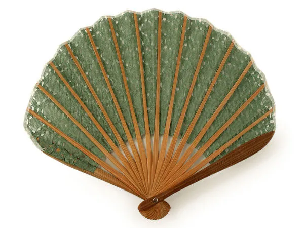 Japanese Sensu Foldable fan with a Fan bag / Green, Lace