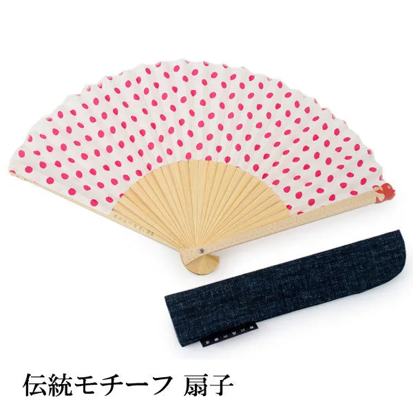 Japanese Sensu Foldable fan with a Fan bag / Red, Dot pattern, Sea bream